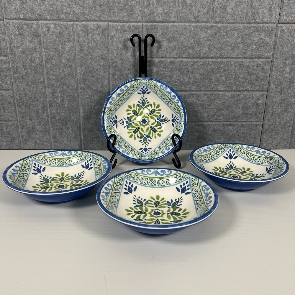 4 Melamine Bowls Blue & Green Spanish Medallion Design Set 7.5"